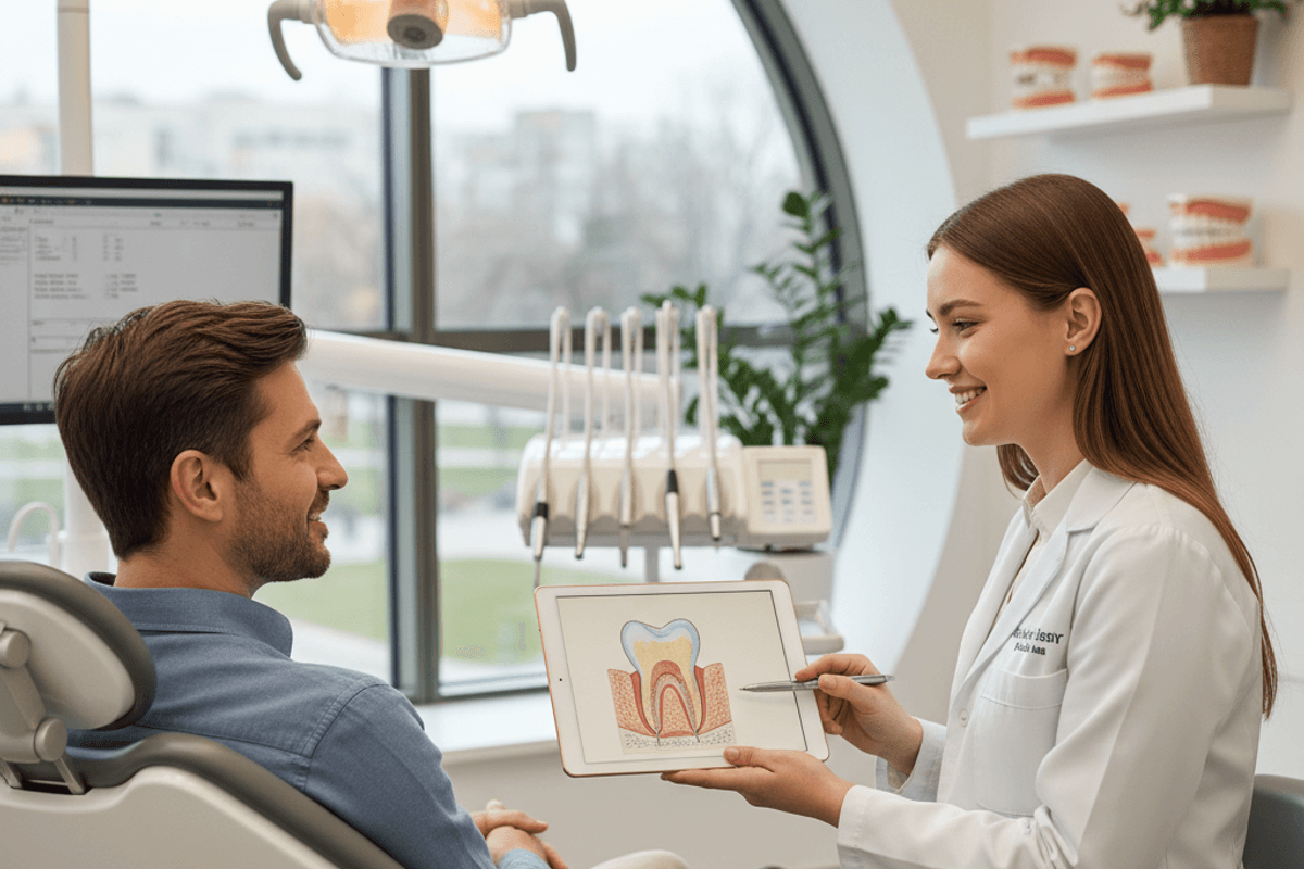 Dentist consulting with patient